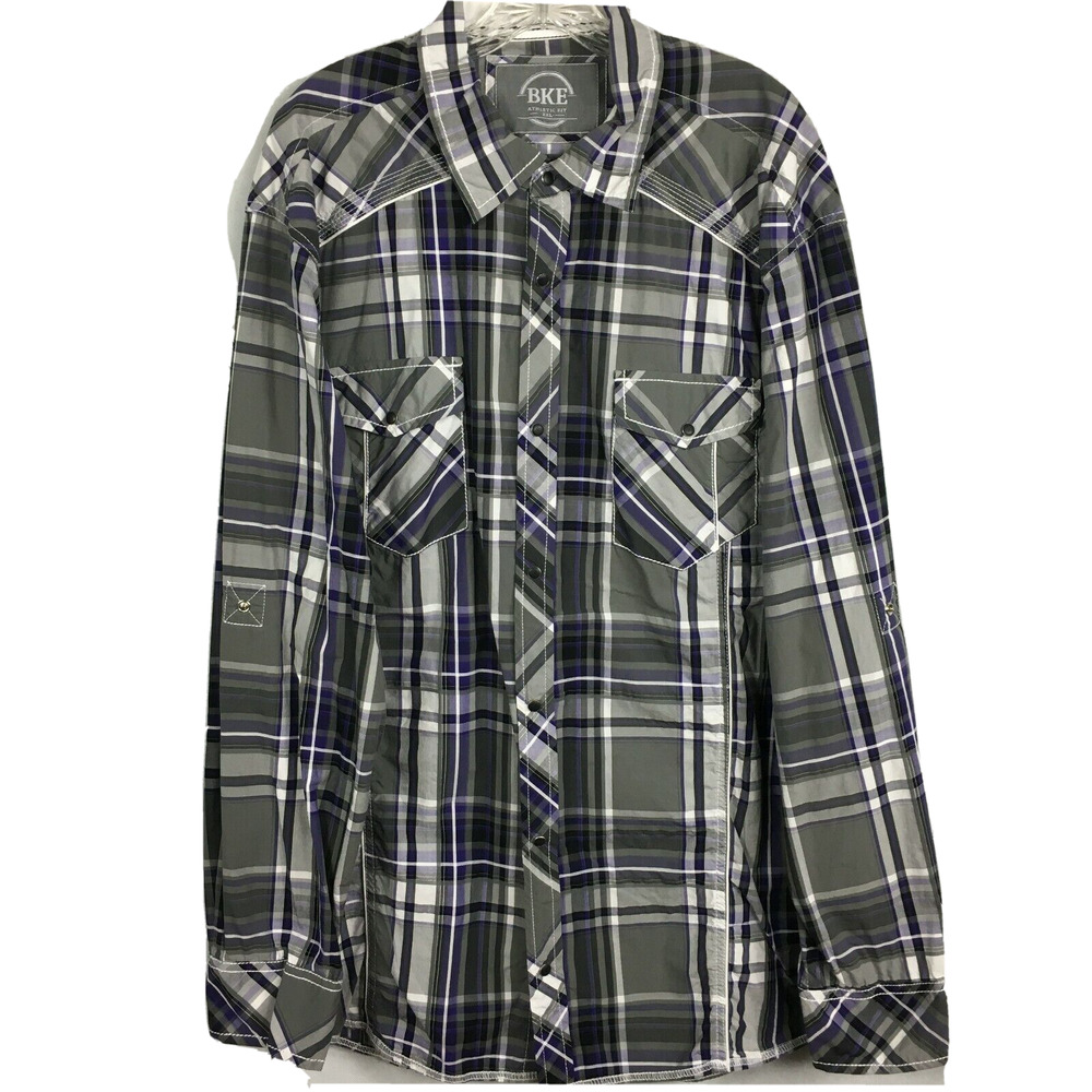 BKE Buckle Shirt Mens Sz XXL Gray Purple Plaid Western Pearl Snap Button Up